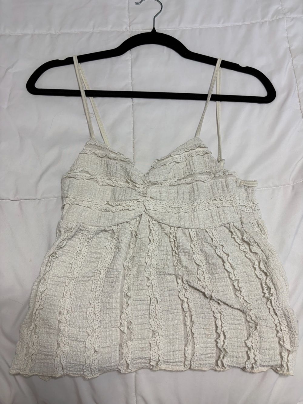 Cream Textured Lace-Trim Cami Dress